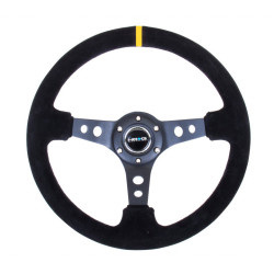 Volan sport cu 3 spițe NRG, 350mm, piele întoarsă, spițe perforate, adâncime 75mm, negru/galben