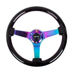 Volan sport cu 3 spițe NRG, 350mm, lemn, adâncime 75mm, negru/neon/maro