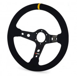 Volan sport cu 3 spițe RRS Carbon, 350mm, piele întoarsă, adâncime 65mm, negru/carbon/galben