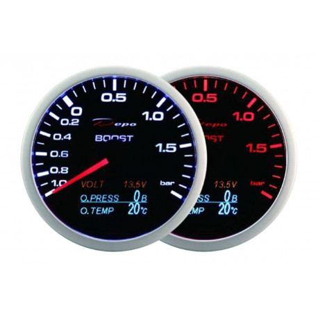 Ceasuri bord DEPO 4v1 60mm Ceas indicator DEPO Racing 4 în 1 de 60mm Black – presiune turbo + Presiune ulei + Temperatură ulei + Volt | race-shop.ro