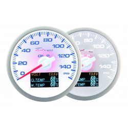 Ceas indicator DEPO Racing 4 în 1 de 60mm White – Presiune ulei + Temperatură ulei + Temperatură apă + Volt