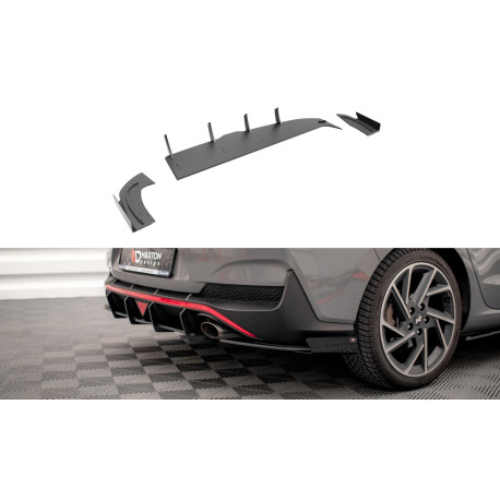 Body kit și tuning vizual MAXTON DESIGN prelungiri laterale bară spate pentru Hyundai I30 Fastback N-Line Mk3 Facelift, negru-roșu + flapsuri lucioase | race-shop.ro