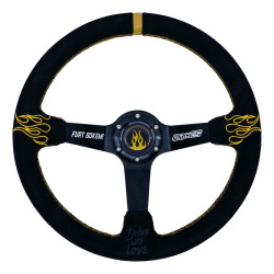 Volan sport cu 3 spițe RACESxFurtBokem Fire Wheel, 350mm, piele întoarsă, adâncime 90mm