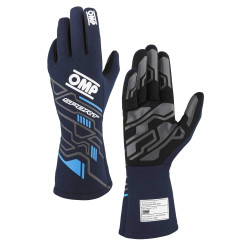 Mănuși de curse OMP SPORT my2025 cu omologare FIA, albastru marin/cyan