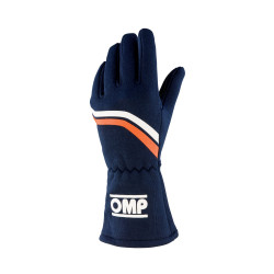 Mănuși de curse OMP DIJON my2025 cu FIA (cusături interioare) Albastru bleumarin cu dungi albe/portocalii