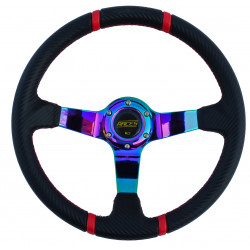 Volan sport cu 3 spițe RACES Drift Neo Carbon, 350mm, carbon, adâncime 90mm, carbon/neon/roșu