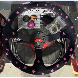 3 spoke steering wheel RACES Night Show, 350mm, suede, 97mm offset, black/pink