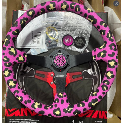 3 spoke steering wheel RACES Pinku Style, 350mm, microfiber suede, 97mm offset, pink leopard/black