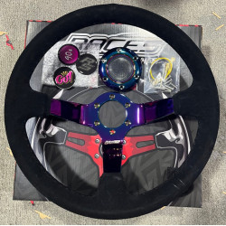 Volan sport cu 3 spițe RACES Iridio, 350mm, piele întoarsă, adâncime 90mm, negru/neocrom