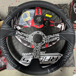 Volan sport cu 3 spițe RACES Graffito, 350mm, piele întoarsă, adâncime 97mm, negru