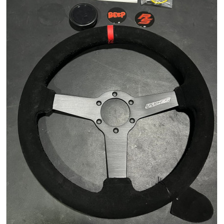 Volane sport 3 spoke steering wheel RACES Corto, 340mm, suede, 40mm offset, black/red | race-shop.ro