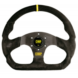 Volan sport cu 3 spițe OMP Super Quadro, 330mm, piele întoarsă, fără adâncime, negru/galben