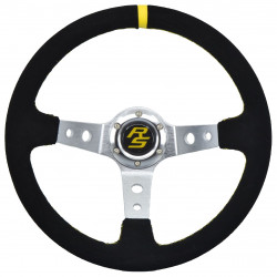 Volan sport cu 3 spițe RACES Corsa, 350mm, piele întoarsă, adâncime 90mm, negru/argintiu/galben