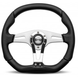 Volan sport cu 3 spițe MOMO TREK R, 350mm, piele, adâncime 40mm, negru/argintiu