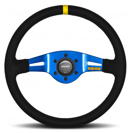 Volane sport Volan sport cu 2 spițe MOMO MOD.03, 350mm, piele întoarsă, adâncime 70mm, negru/albastru/galben | race-shop.ro
