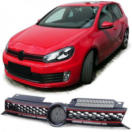 Body kit și tuning vizual Grilă radiator negru-lucios cu benzi roșii pentru VW Golf 6 De asemenea, GTI 08-13 | race-shop.ro